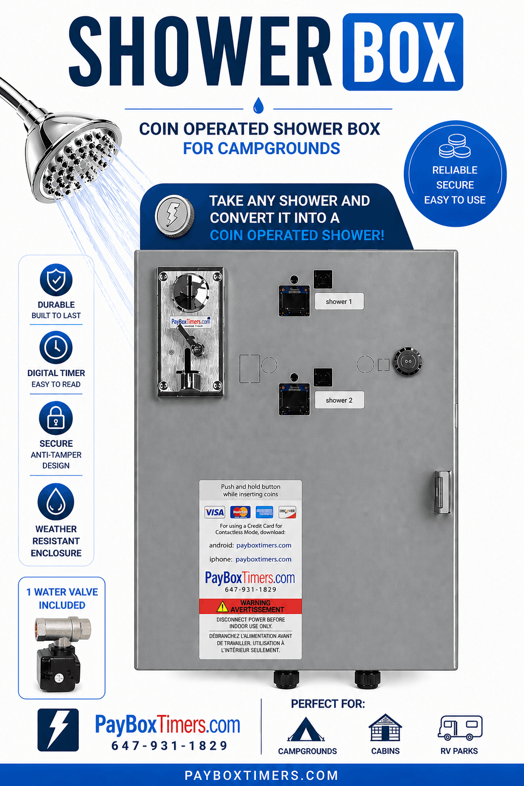 Coinless shower timer box